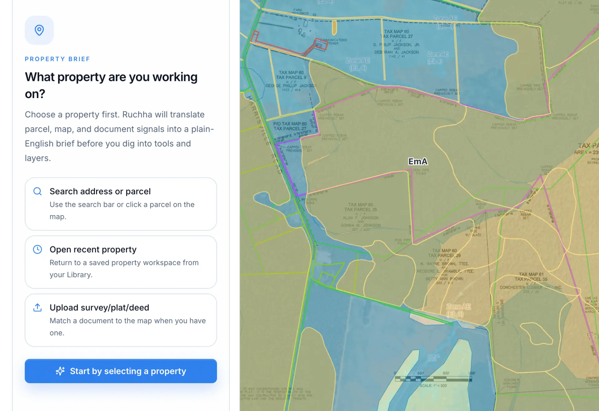 Ruchha property brief workspace showing the parcel map and research panel